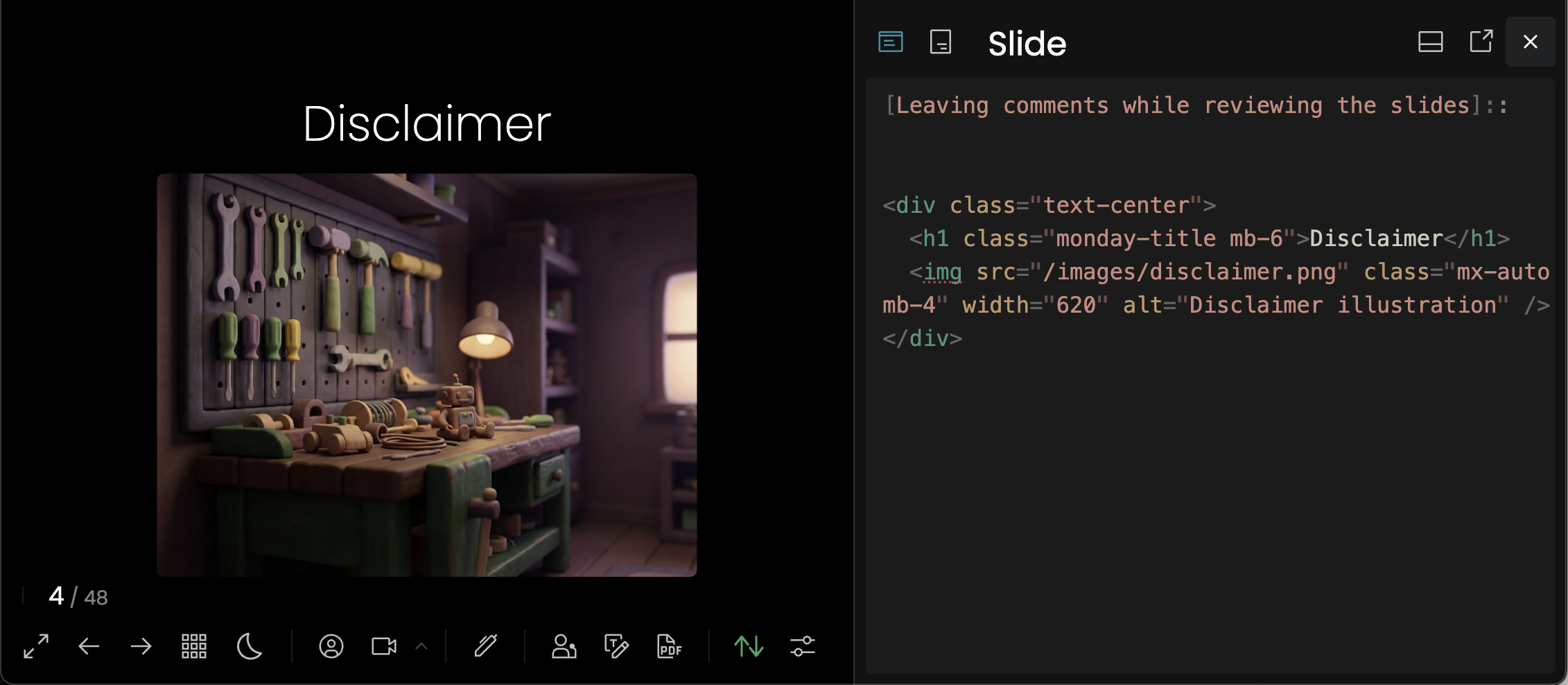 Slidev browser editing interface with inline comments