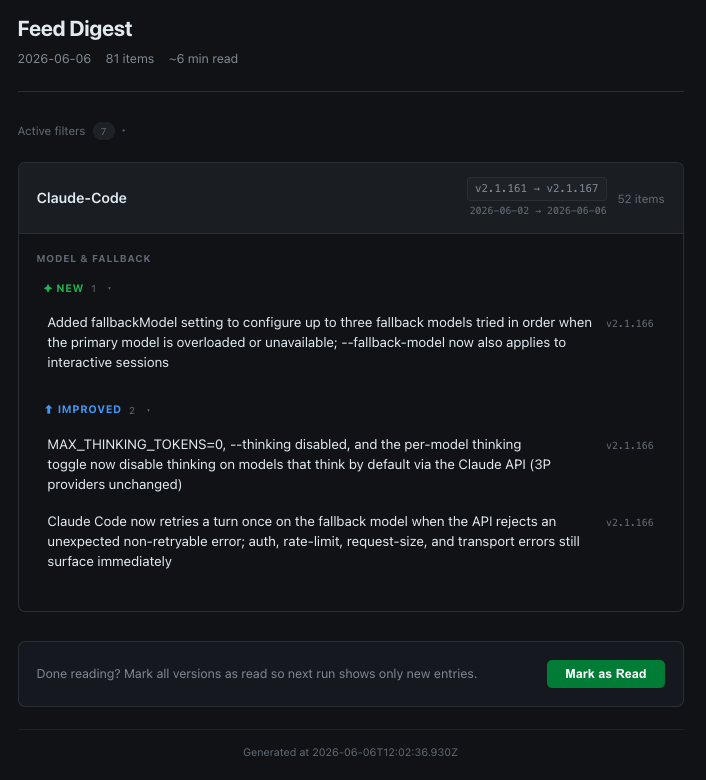 The feed-digest output: topics, change types, and the Mark as Read bar